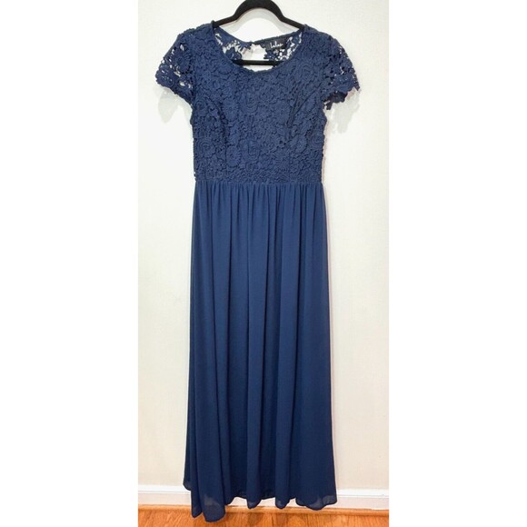Lulus Navy Blue Crochet Lace Maxi Dress L Open Back Sexy Bridesmaid Wedding - Picture 1 of 15